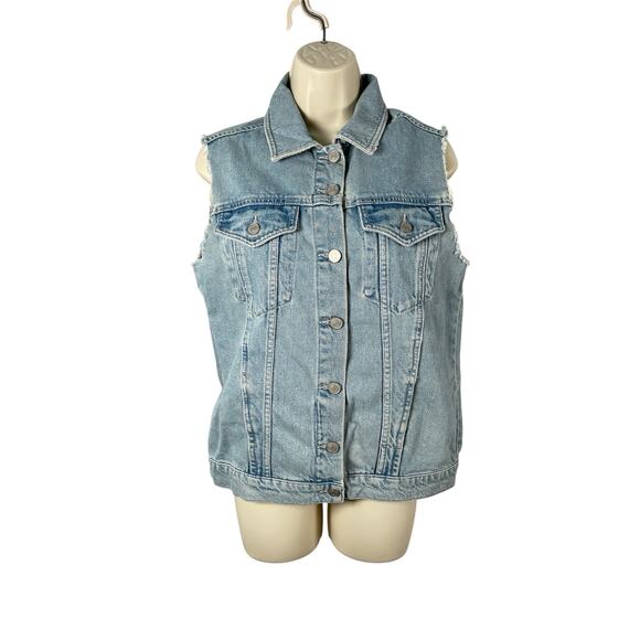 Topshop Moto Denim Vest US 4 Cotton Light Wash Cut Off Sleeves Jypsy Embroidery - Picture 2 of 9